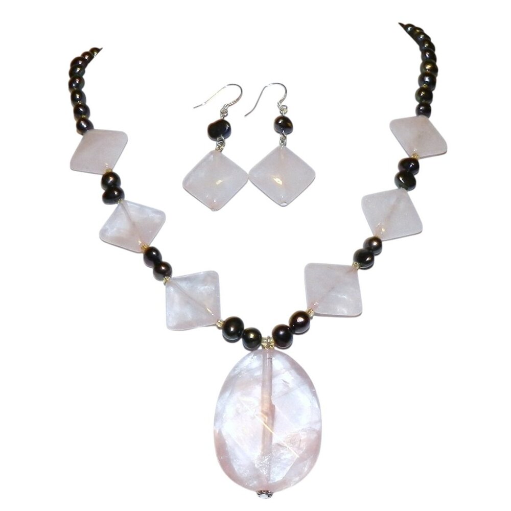 New Handmade Rose Quartz Gemstone Pearl Silver 19" Necklace & Earring Set GN143